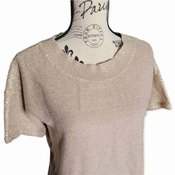 LOFT Knit 100% Cotton Tan and Gold Short Sleeve Top Size Medium - Picture 2 of 11